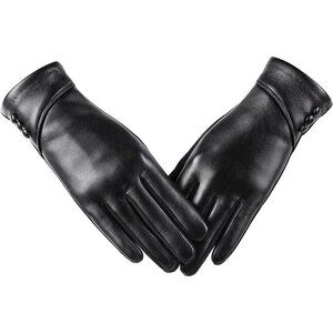 Women's Black Winter Leather Suede Gloves Wool Lined Windproof Touchscreen